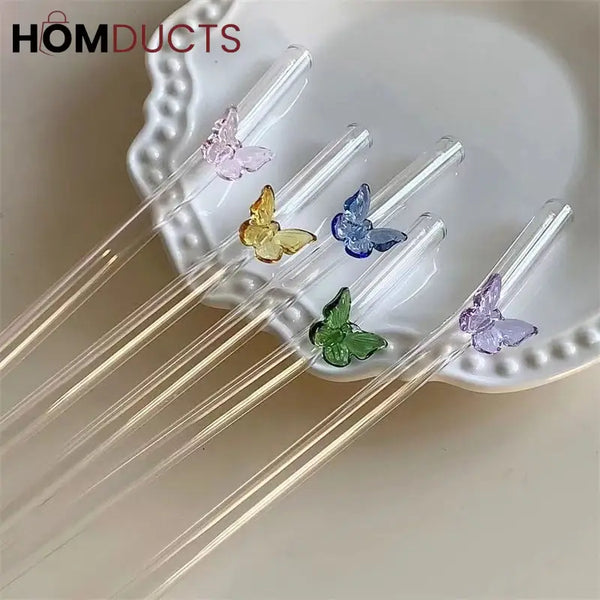 Colorful Glass Butterfly Straws – Reusable Aesthetic Drinking Straws with Decorative Charms