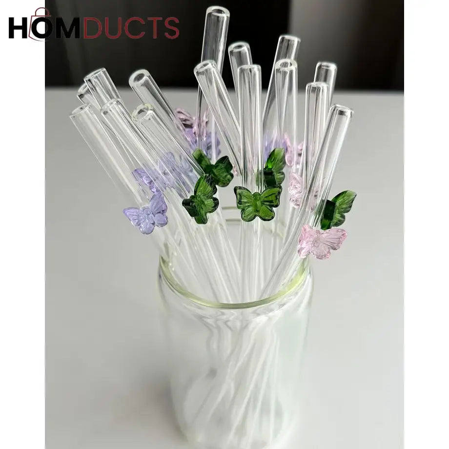Colorful Glass Butterfly Straws – Reusable Aesthetic Drinking Straws with Decorative Charms