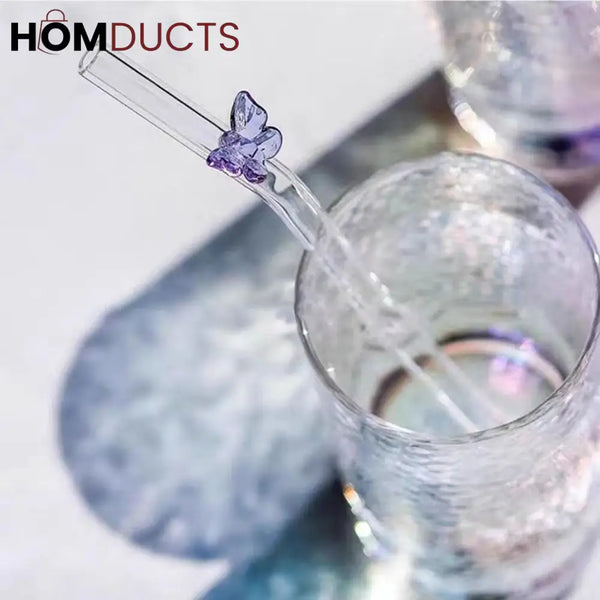 Colorful Glass Butterfly Straws – Reusable Aesthetic Drinking Straws with Decorative Charms