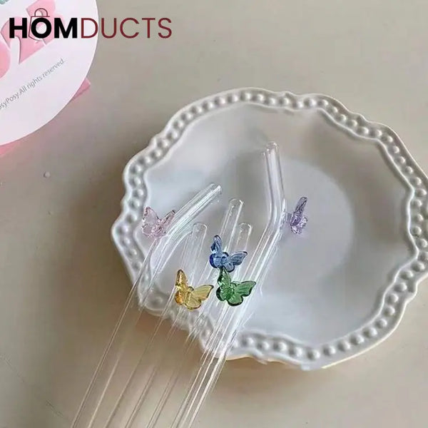 Colorful Glass Butterfly Straws – Reusable Aesthetic Drinking Straws with Decorative Charms