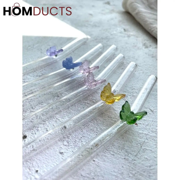 Colorful Glass Butterfly Straws – Reusable Aesthetic Drinking Straws with Decorative Charms