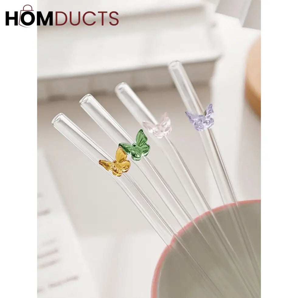 Colorful Glass Butterfly Straws – Reusable Aesthetic Drinking Straws with Decorative Charms