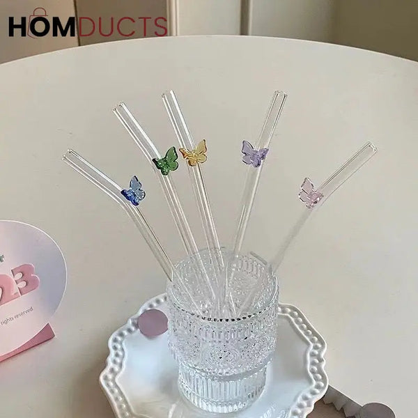 Colorful Glass Butterfly Straws – Reusable Aesthetic Drinking Straws with Decorative Charms