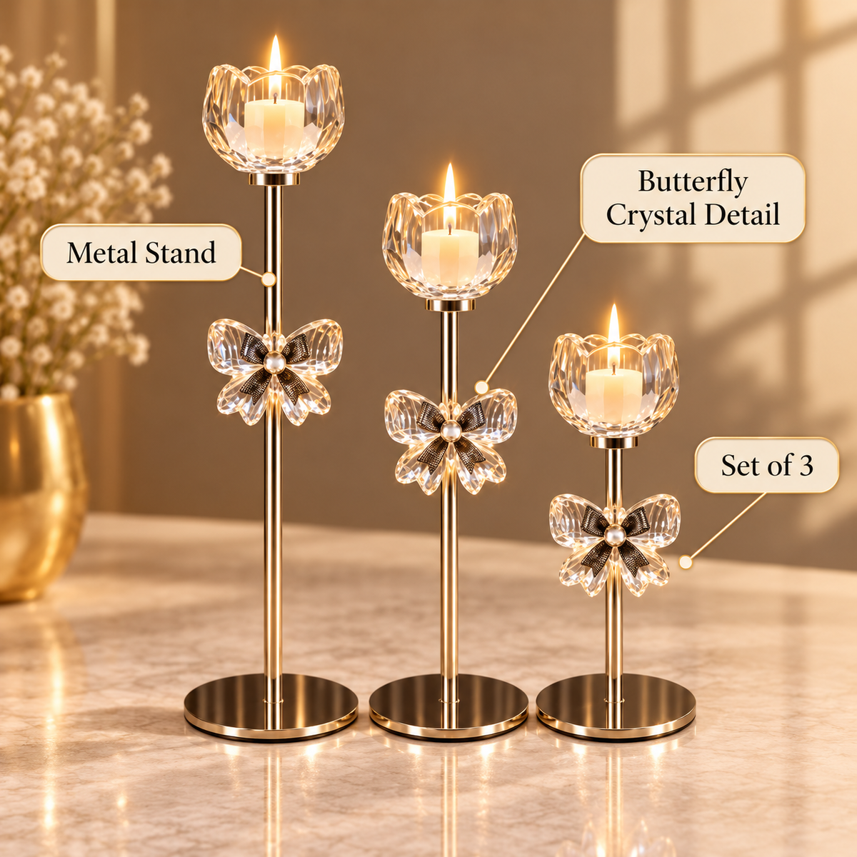 Butterfly Crystal Candle Stands – Set of 3 product features