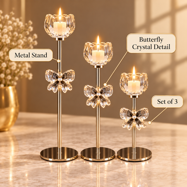 Butterfly Crystal Candle Stands – Set of 3 product features