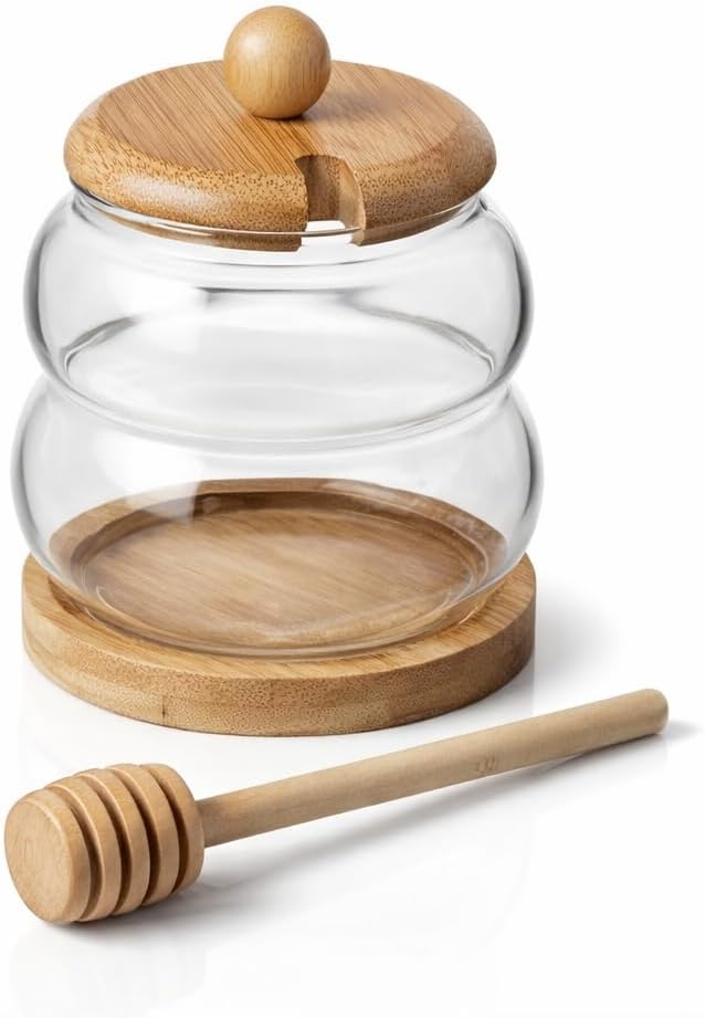 300ml Glass Honey Jar with Bamboo Lid, Wooden Dipper & Base