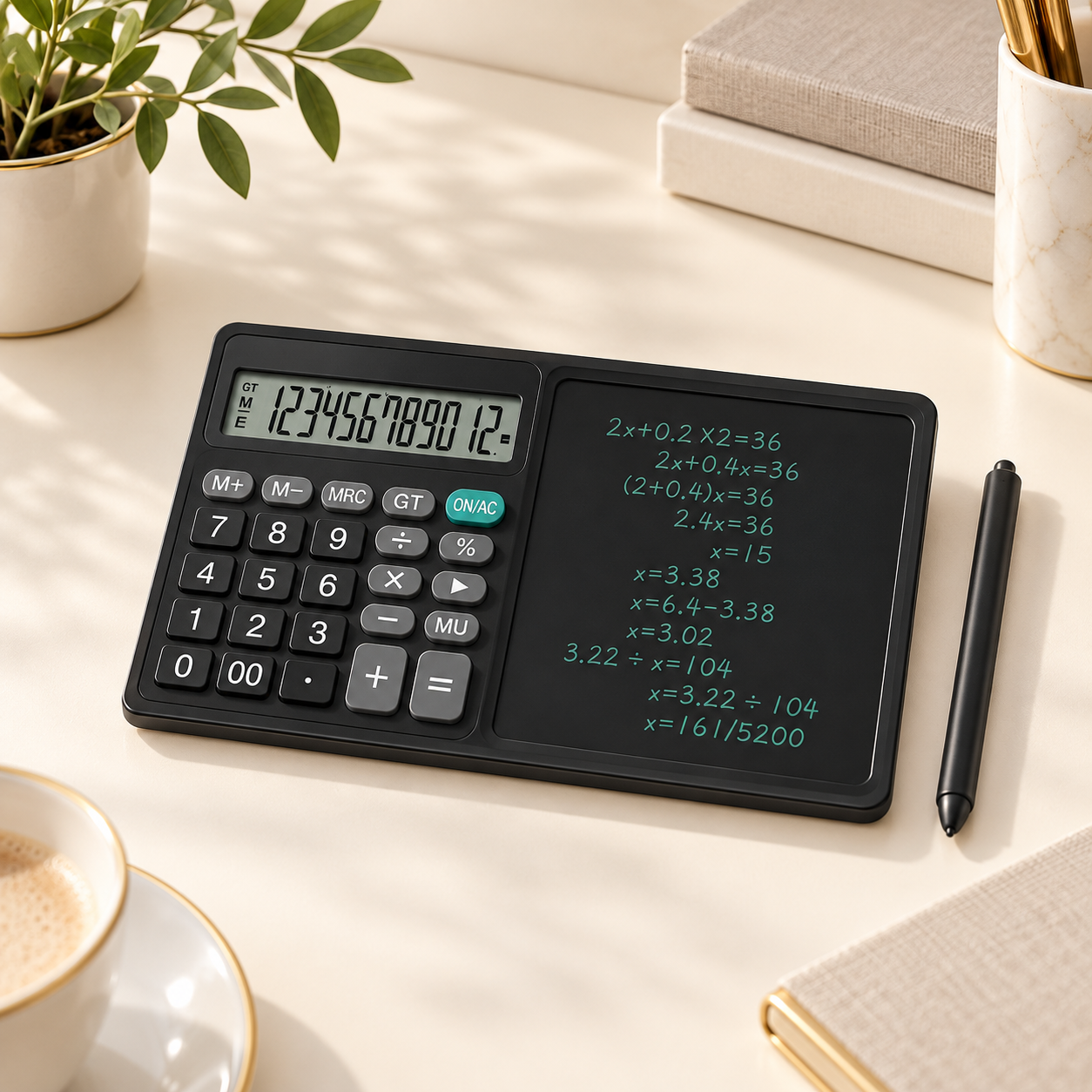 Black calculator with LCD writing pad and stylus
