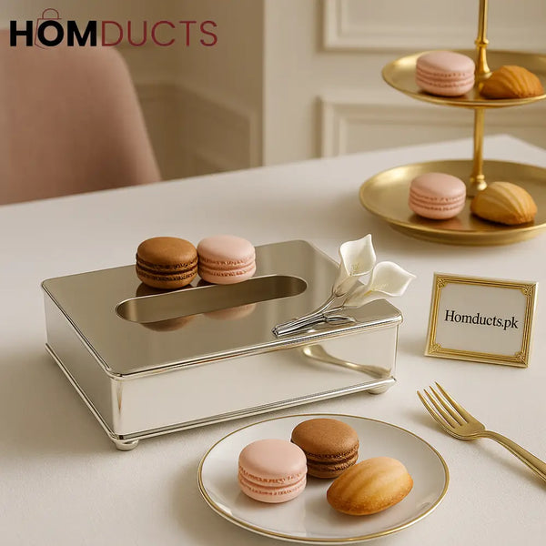 Calla Bloom Luxe Silver Tissue Box – Decorative Vanity & Tabletop Accent