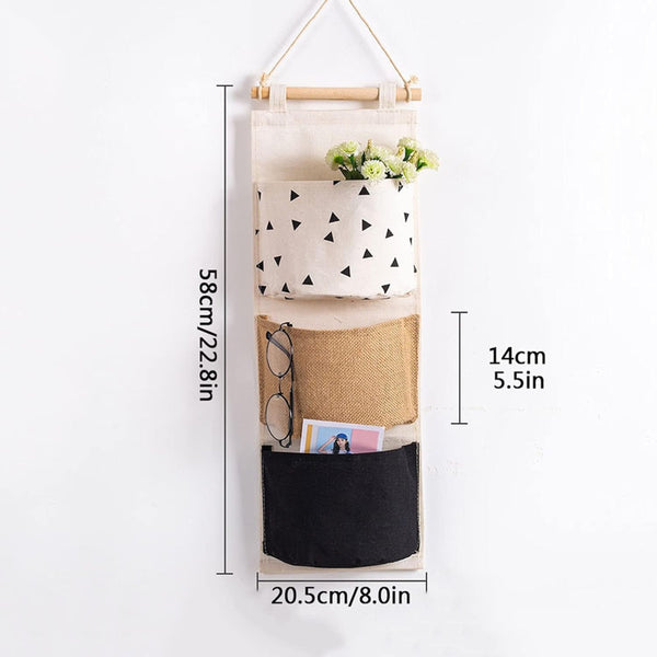 3-Pocket Wall Hanging Organizer with Wooden Rod – Fabric Storage Pouch (58 × 20.5 cm)