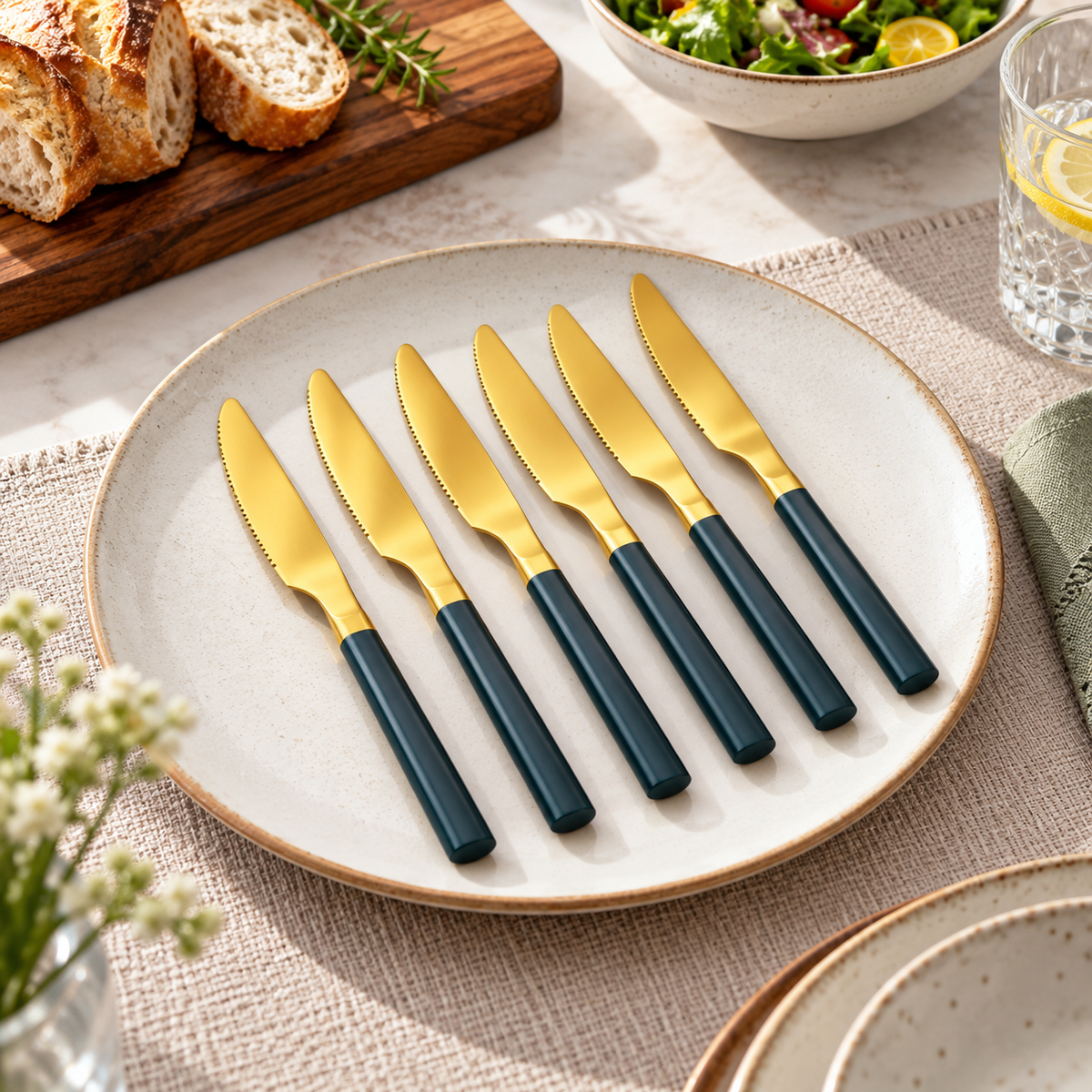 6-Piece Gold Knife Set with Dark Handles in a premium lifestyle setting