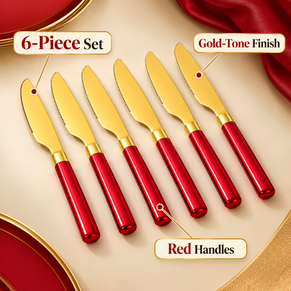 6-Piece Gold Knife Set with Red Handles feature infographic