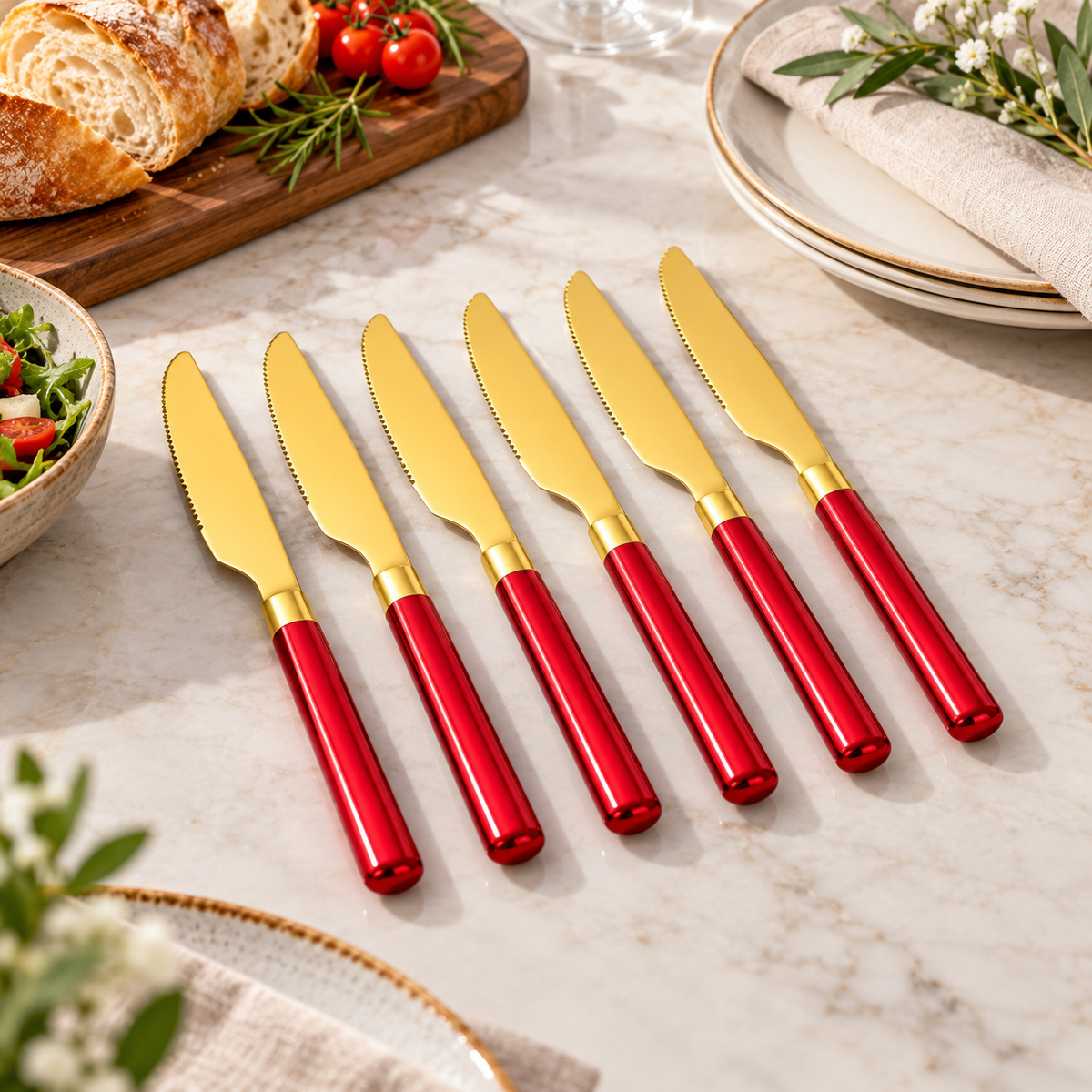 6-Piece Gold Knife Set with Red Handles in a premium lifestyle setting