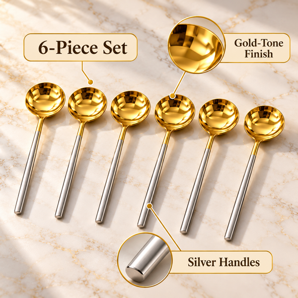 6-Piece Gold Spoon Set with Silver Handles feature infographic
