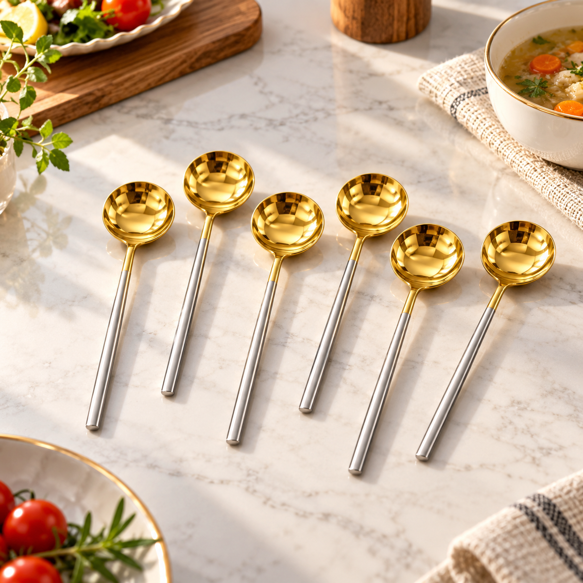 6-Piece Gold Spoon Set with Silver Handles in a premium lifestyle setting