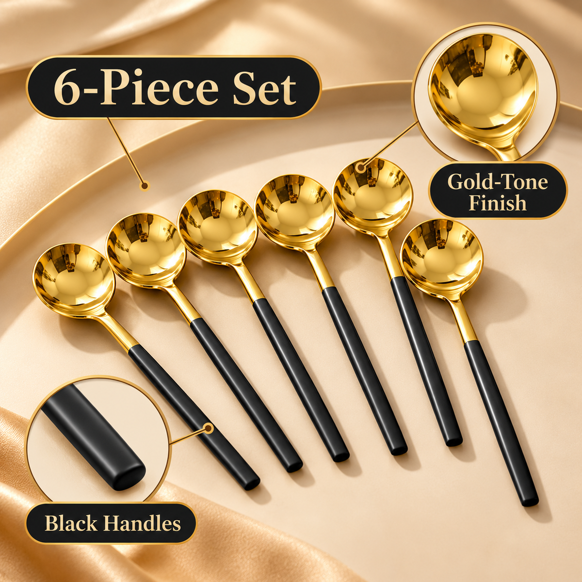 6-Piece Gold Spoon Set with Black Handles feature infographic