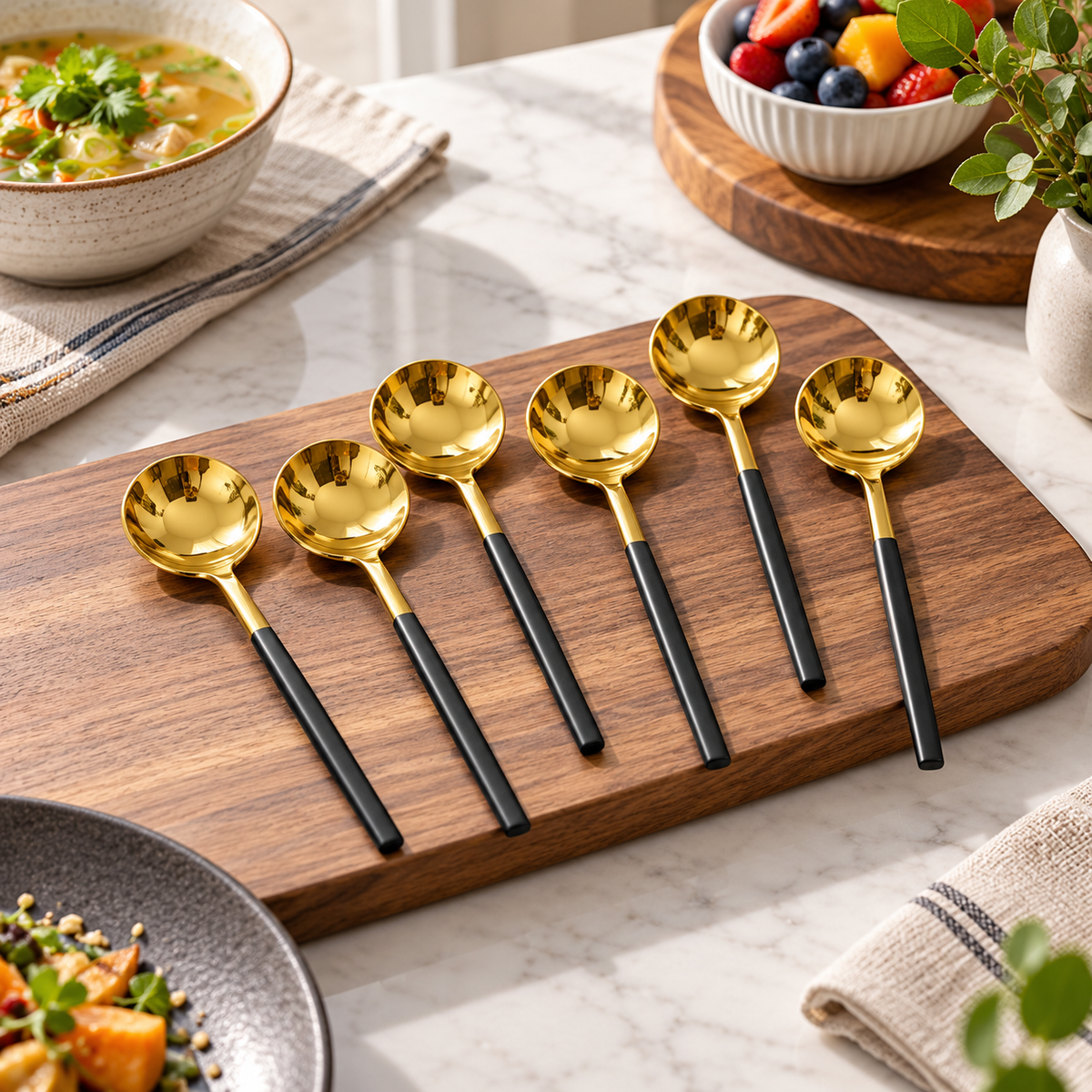 6-Piece Gold Spoon Set with Black Handles in a premium lifestyle setting