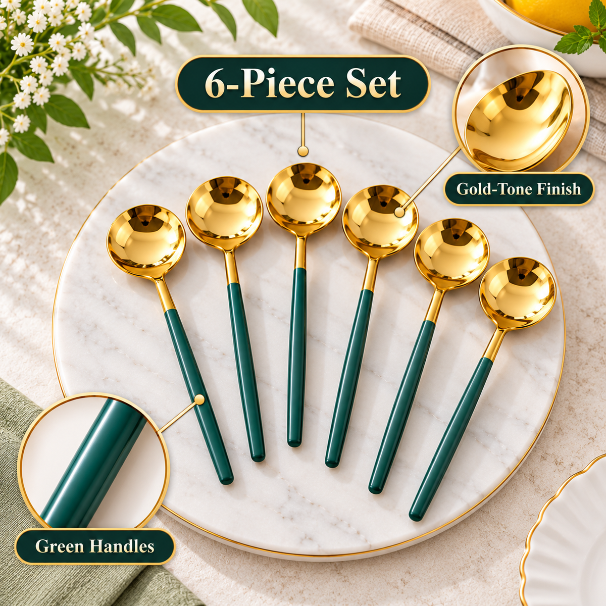6-Piece Gold Spoon Set with Green Handles feature infographic