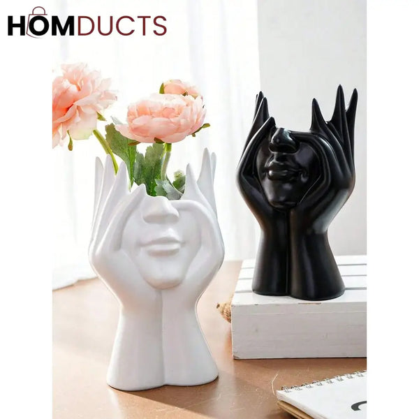 Ceramic Face Planter Vase – Modern Abstract Hand Sculpture Flower Pot for Home & Office Decor