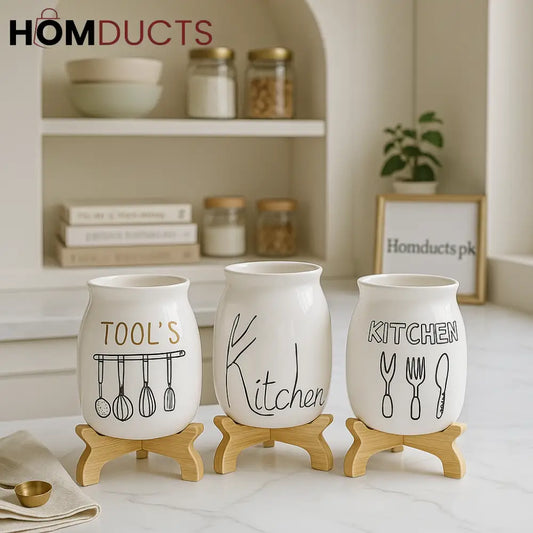 Ceramic Kitchen Utensil Holder Set with Wooden Stands – Hand-Illustrated Tool Organizers for Modern Kitchens
