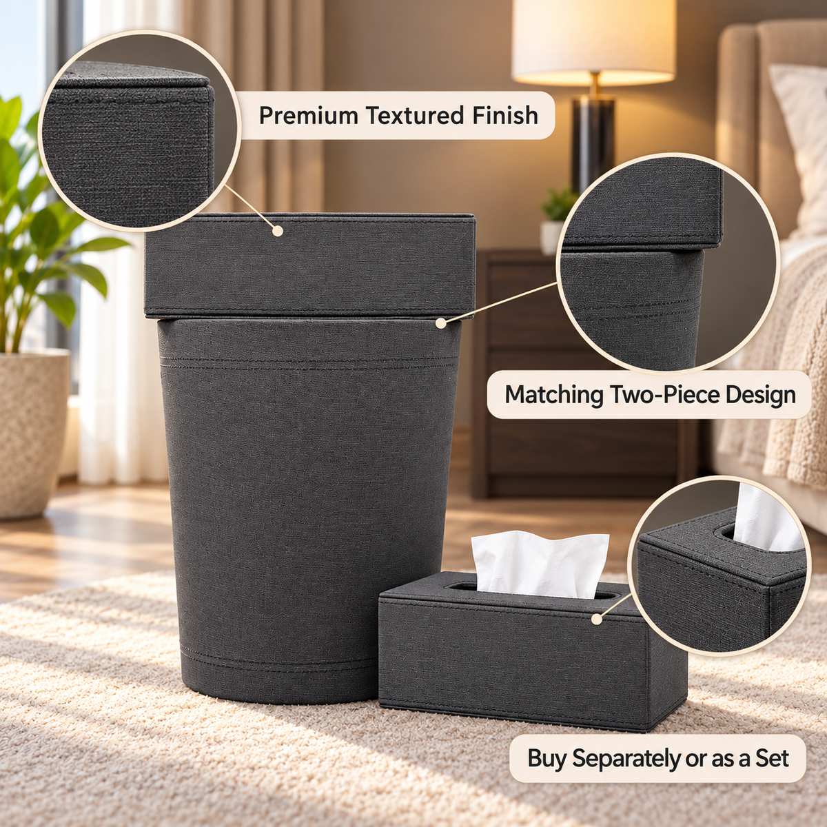 Premium Charcoal Grey Fabric-Look Tissue Box & Dustbin Set feature details