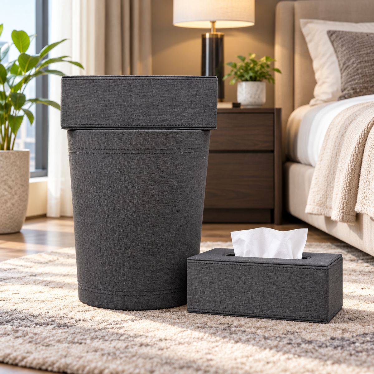 Premium Charcoal Grey Fabric-Look Tissue Box & Dustbin Set lifestyle image