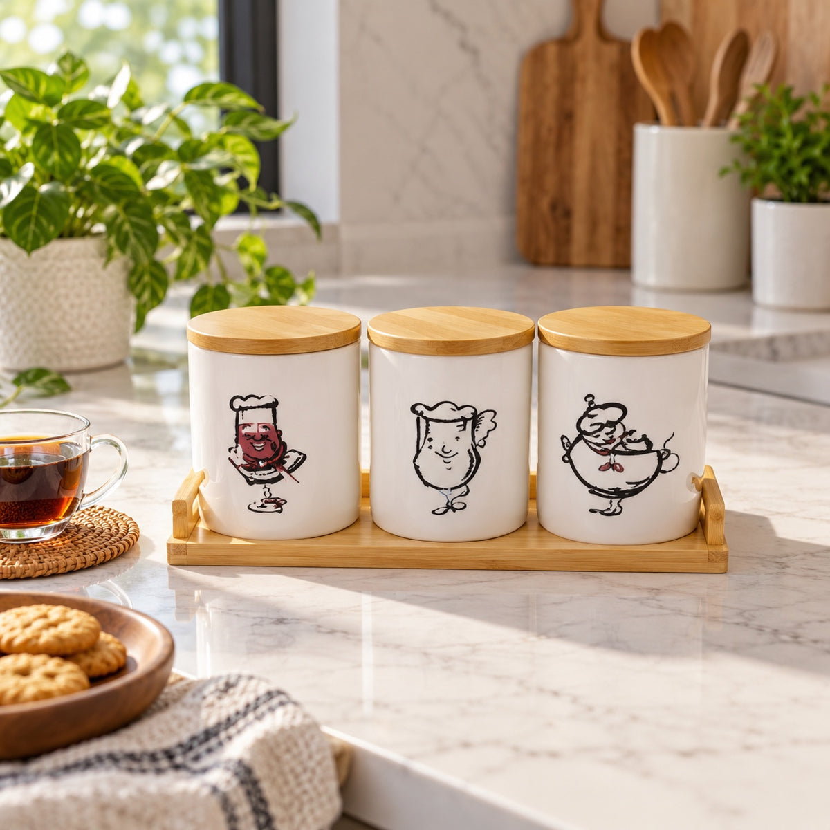 Three-piece chef design ceramic storage jar set