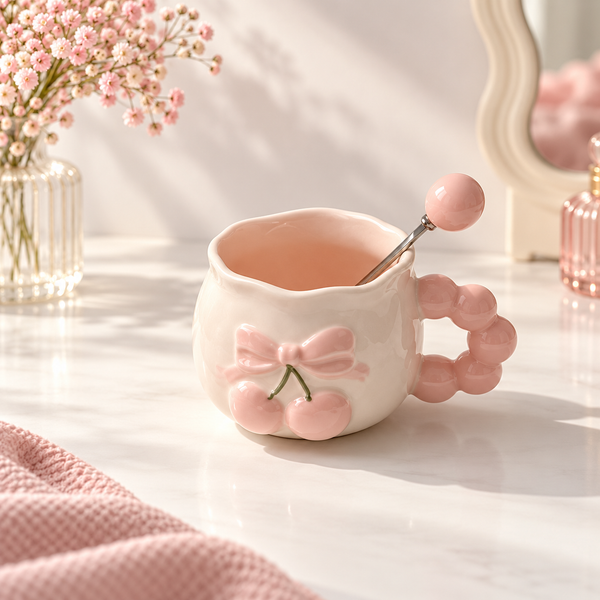 Cherry bow ceramic mug with beaded handle and matching spoon