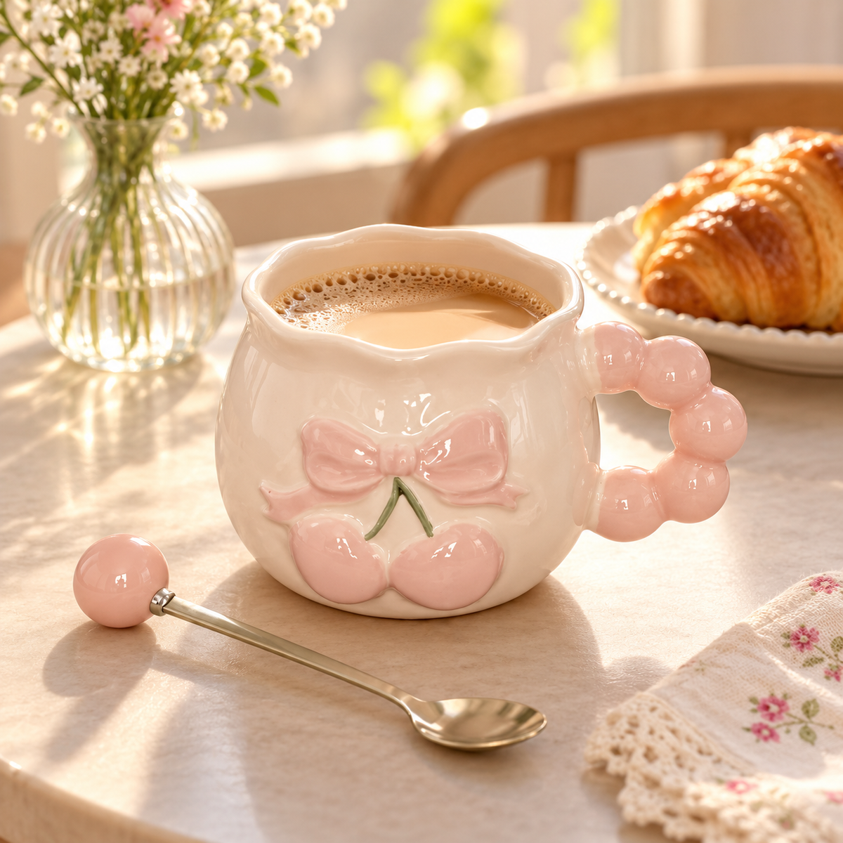Cherry bow ceramic coffee mug with matching pink spoon