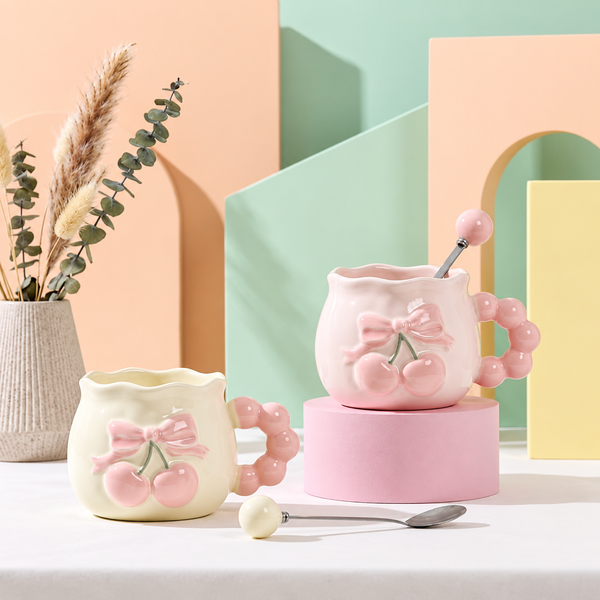 Cream and blush cherry bow ceramic mug colour variants