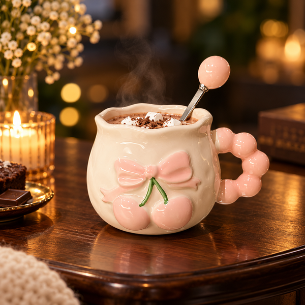 Cherry bow ceramic mug served with hot chocolate
