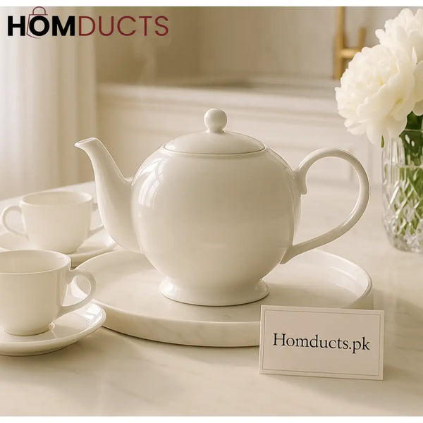 Classic Ivory Ceramic Teapot – Elegant Gloss Finish with Curved Spout