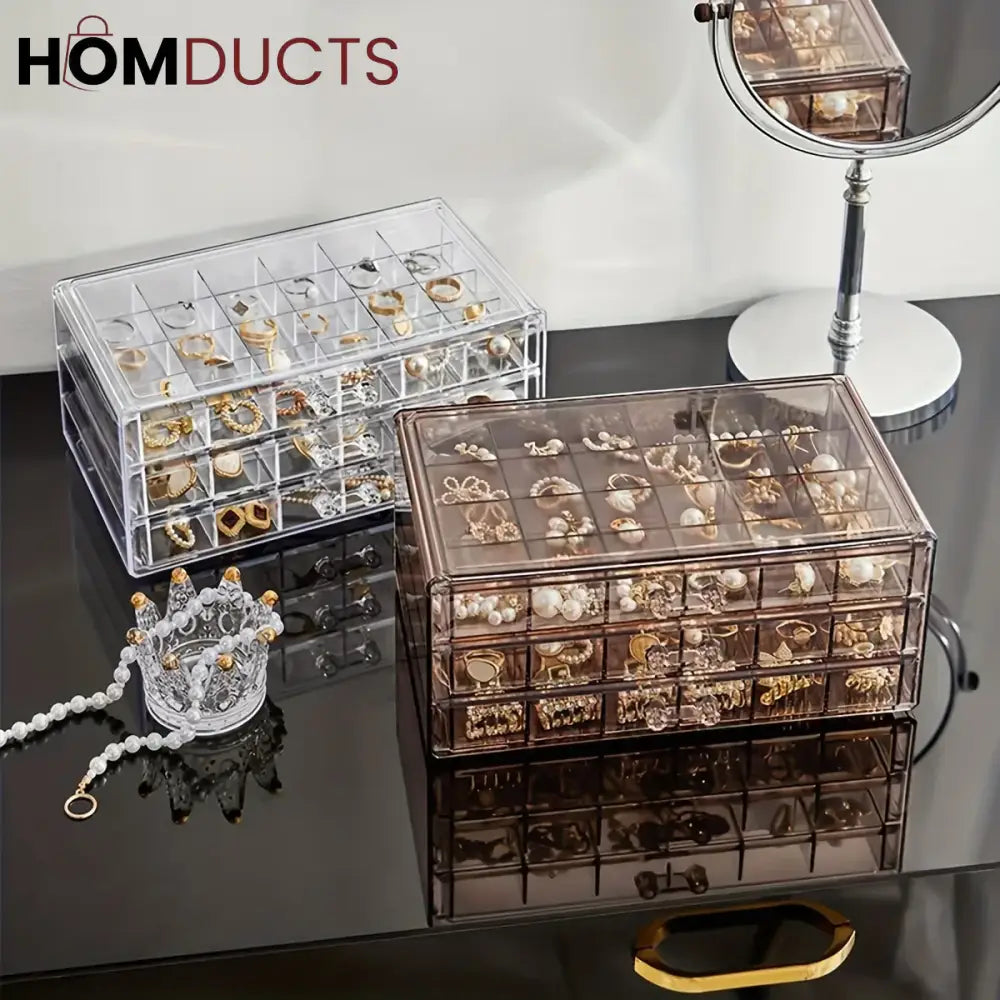 Clear Acrylic 3-Layer Jewelry Organizer Box Drawer Storage Case for Earrings Rings & Accessories