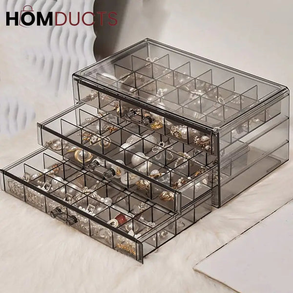 Clear Acrylic 3-Layer Jewelry Organizer Box Drawer Storage Case for Earrings Rings & Accessories