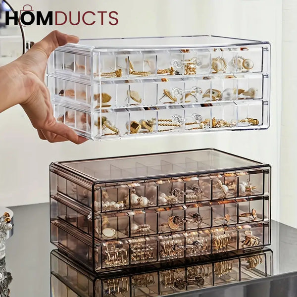Clear Acrylic 3-Layer Jewelry Organizer Box Drawer Storage Case for Earrings Rings & Accessories