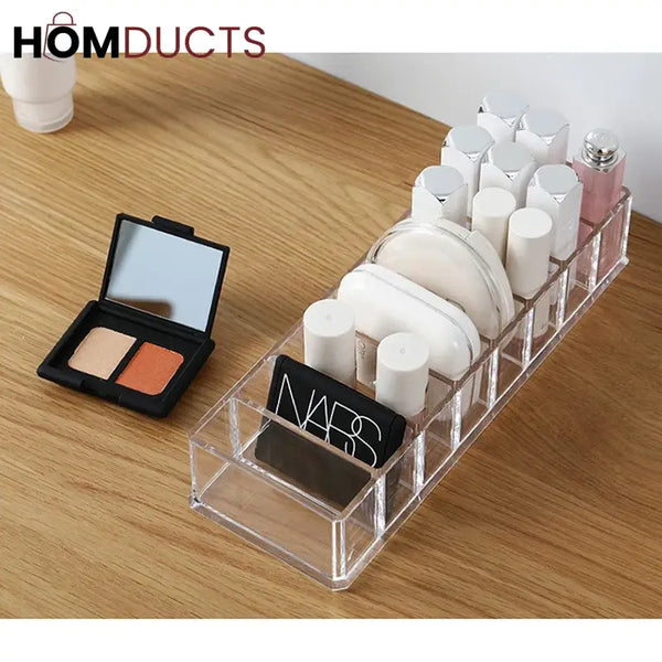 Clear Acrylic Makeup Organizer – 8 Compartment Cosmetic Storage Holder for Compacts Lipsticks & Skincare Bottles