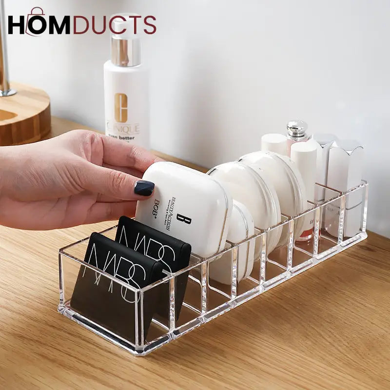 Clear Acrylic Makeup Organizer – 8 Compartment Cosmetic Storage Holder for Compacts Lipsticks & Skincare Bottles