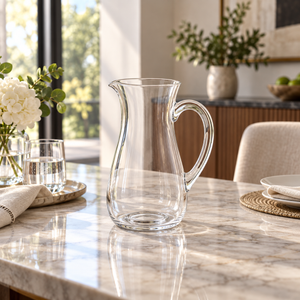 Elegant clear glass water jug with curved handle
