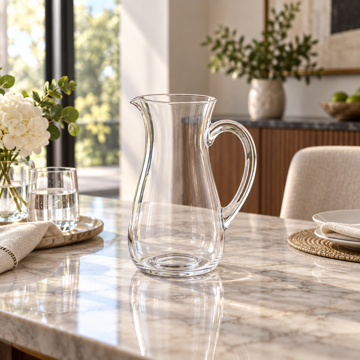 Elegant clear glass water jug with curved handle