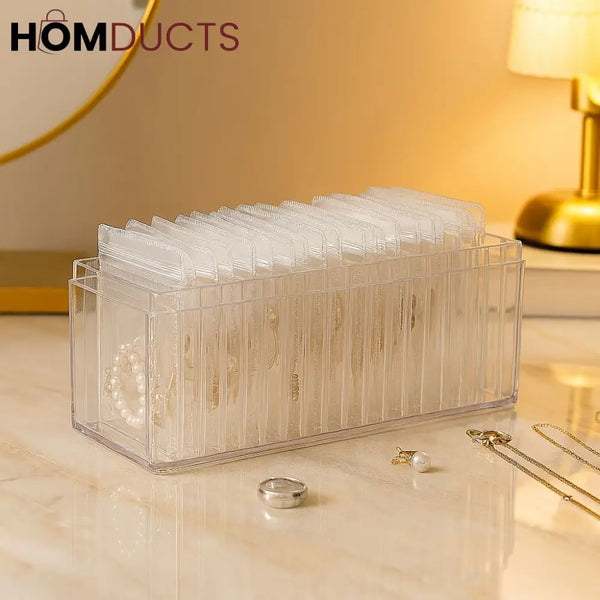 Clear Jewelry Organizer Box with 20 pvc Resealable Zip Bags – Compact Storage Case for Rings Earrings Necklaces & Small
