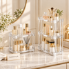Clear two-tier and three-tier cosmetic organizers for skincare and makeup