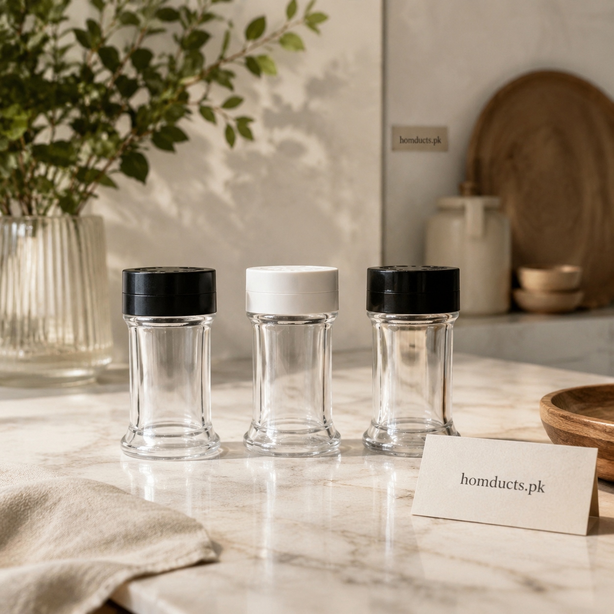 Clear seasoning shakers with black and white tops