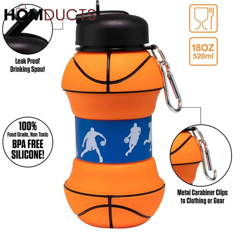 Clip-On Collapsible Basketball Water Bottle - BPA-Free Silicone, 18 Oz