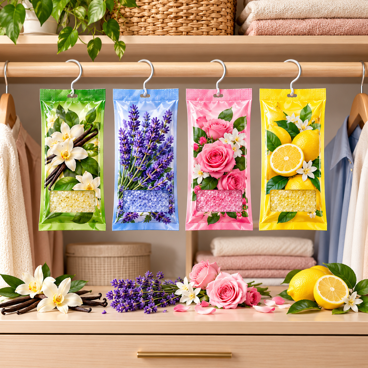 Long-lasting hanging closet deodorizer sachets