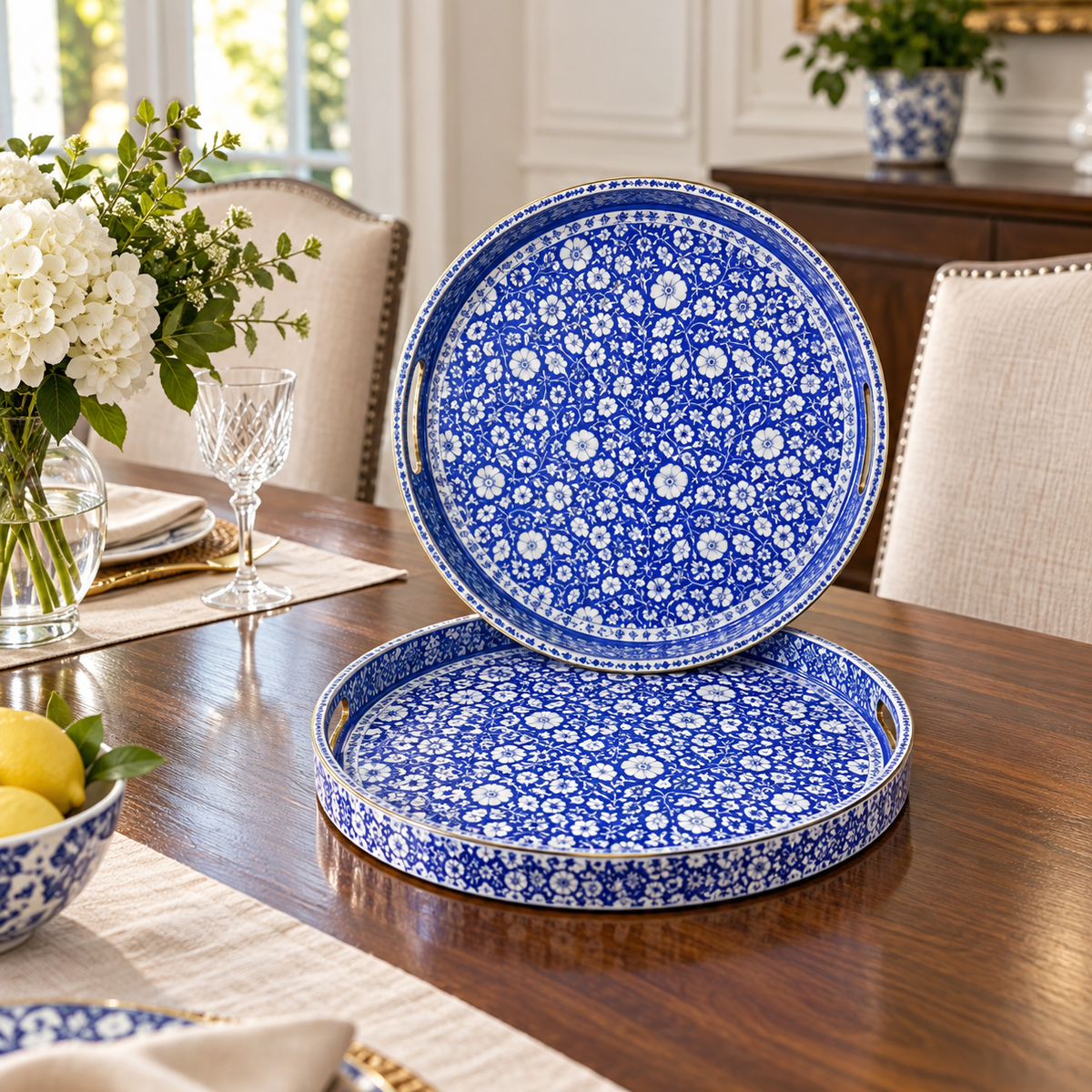 Cobalt floral round serving tray set