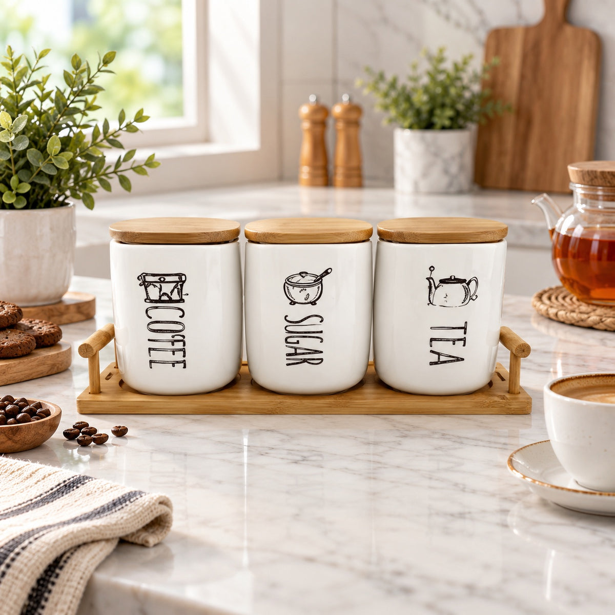White ceramic coffee sugar tea jar set with bamboo lids and tray