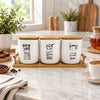 White ceramic coffee sugar tea jar set with bamboo lids and tray