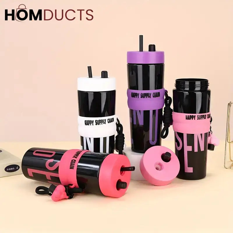 Colorful Leak-Proof Sports Water Bottle with Straw and Handle –Travel Tumbler for Gym School and Outdoor Use