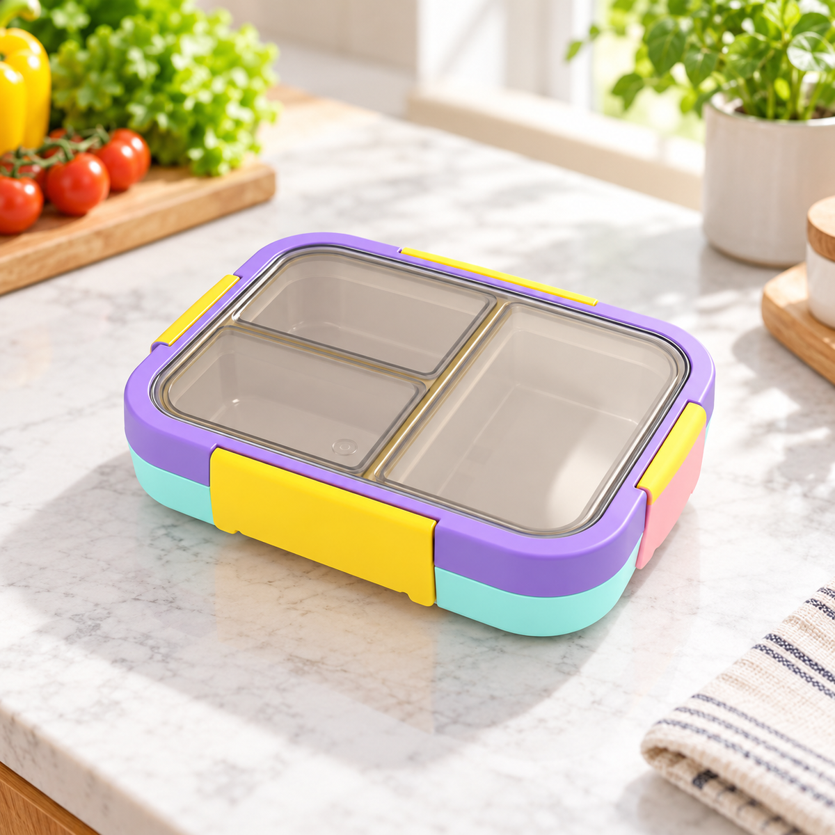 Colorful three-compartment plastic lunch box