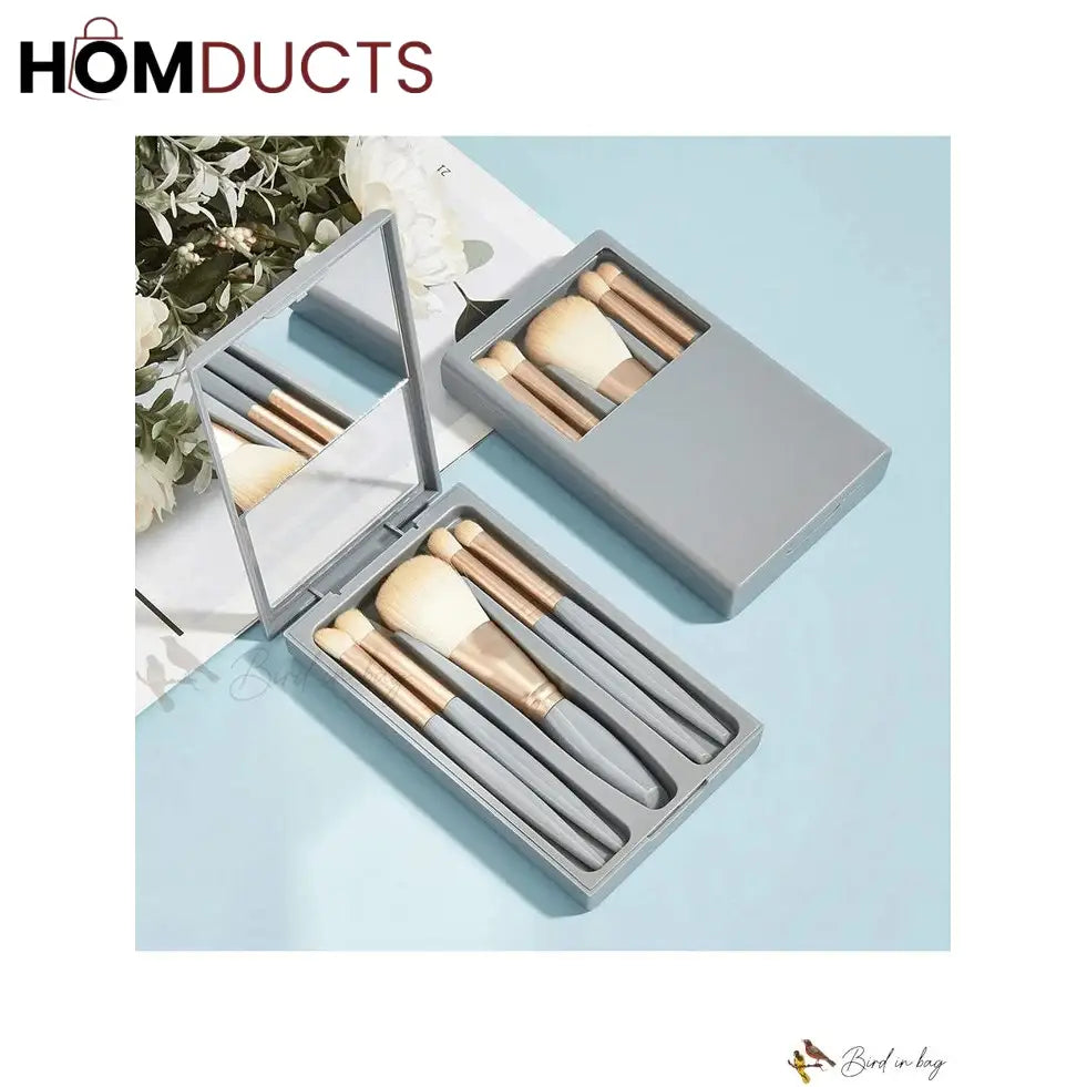 Compact Travel Makeup Brush Set with Mirror – 5-Piece Portable Cosmetic Brushes in Case for Face & Eyes