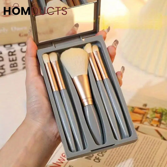 Compact Travel Makeup Brush Set with Mirror – 5-Piece Portable Cosmetic Brushes in Case for Face & Eyes